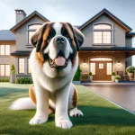 Szerethető bernáthegyi kutya ház előtt