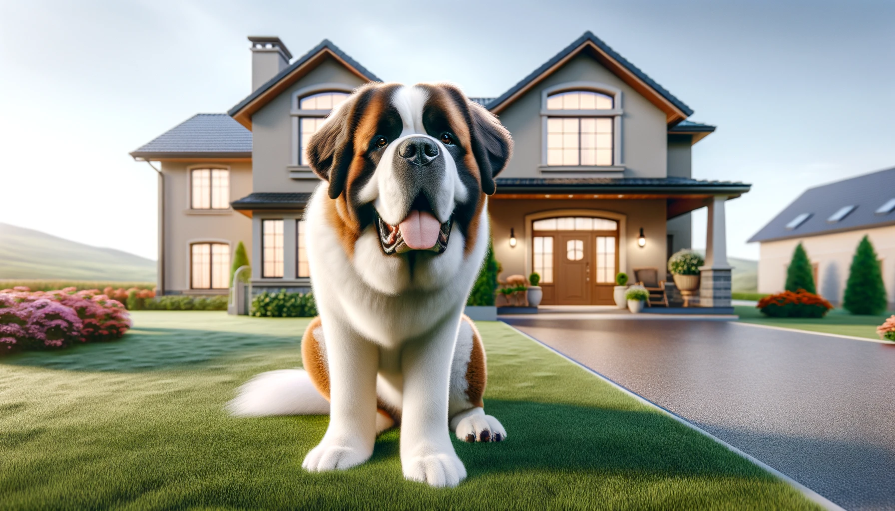 Szerethető bernáthegyi kutya ház előtt